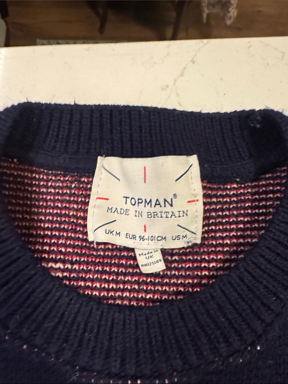 Topman Navy Crewneck Sweater with Pink Accent Knit